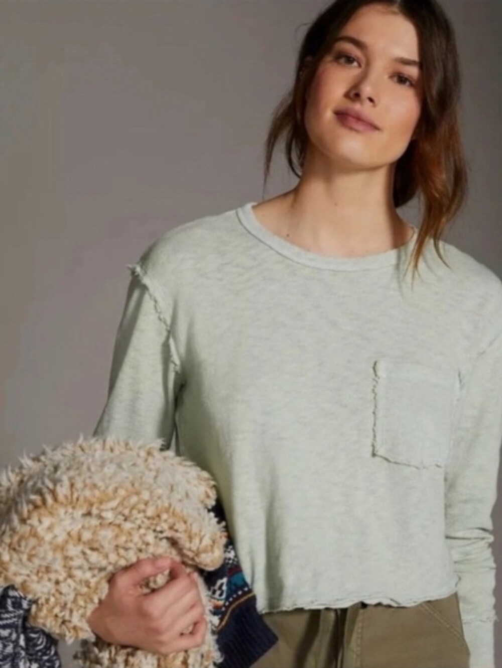 T.La Mint Crewneck Long Sleeve Top with Chest Pocket
